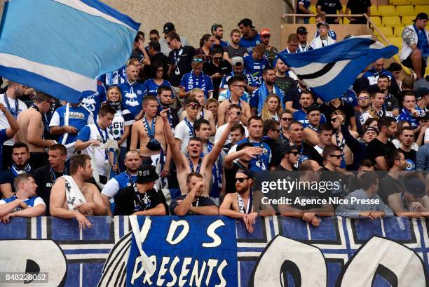 Fans of Strasbourg during the Ligue 1 match between AS Monaco and Strasbourg at Stade Louis II on September 16, 2017 in Monaco, .