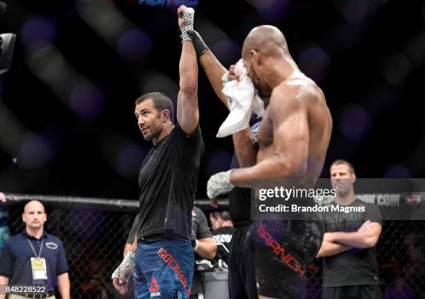 Luke Rockhold celebrates his victory over David Branch in their middleweight bout during the UFC Fight Night event inside the PPG Paints Arena on...