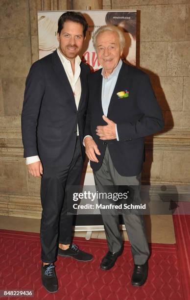 Daniel Serafin and Harald Serafin pose during the musical 'I Am From Austria' world-premiere in Vienna at Rathaus on September 16, 2017 in Vienna,...