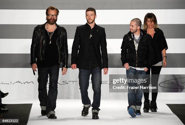 Designers Johan Lindeberg, Justin Timberlake, Trace Ayala and Marcella Lindeberg on the runway at the William Rast Fall 2009 fashion show during...