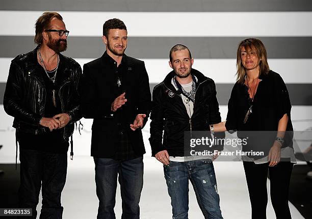Designers Johan Lindeberg, Justin Timberlake, Trace Ayala and Marcella Lindeberg on the runway at the William Rast Fall 2009 fashion show during...