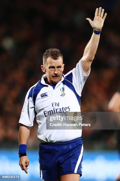 Referee Nigel Owens during the Rugby Championship match between the New Zealand All Blacks and the South African Springboks at QBE Stadium on...