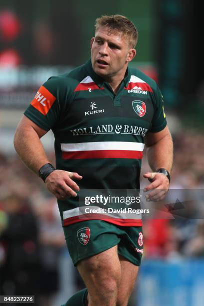 Tom Youngs of Leicester looks on during the Aviva Premiership match between Leicester Tigers and Gloucester Rugby at Welford Road on September 16,...