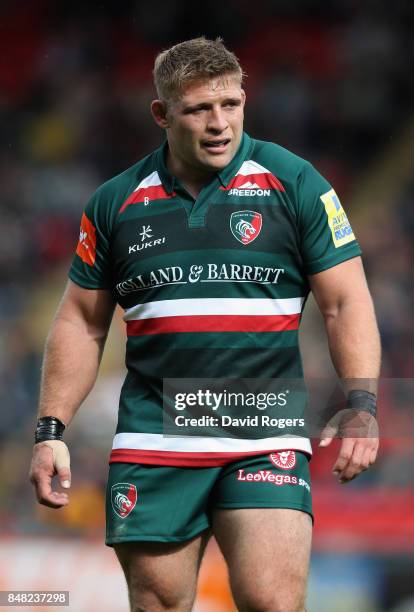 Tom Youngs of Leicester looks on during the Aviva Premiership match between Leicester Tigers and Gloucester Rugby at Welford Road on September 16,...