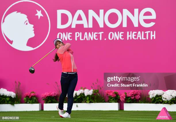 Ai Miyazato of Japan plays her tee shot on the firs hole as she starts her last competative round of golf during the final round of The Evian...