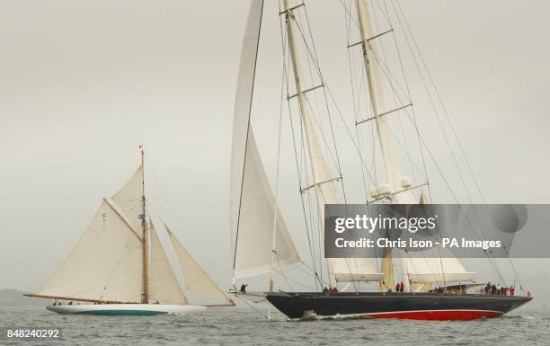 Mariquita and Athos pass at the start of the Pendennis Cup regatta in Falmouth, Cornwall.