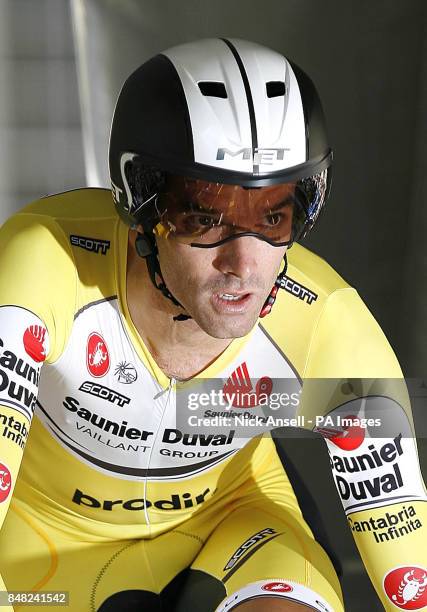 Previously unissued photo dated 07/07/07 of British cyclist David Millar of the Saunier Duval team on the start ramp for the 2007 Tour de France,...