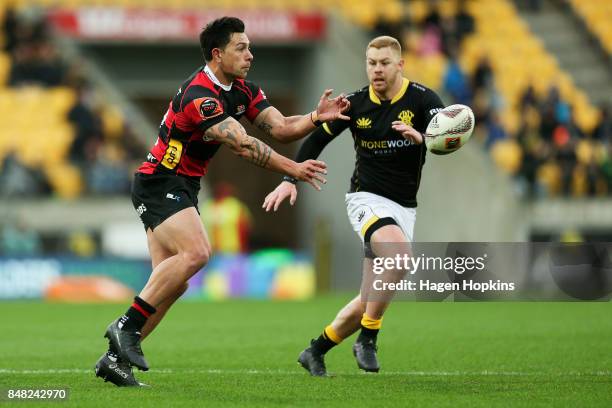 Rob Thompson of Canterbury passes during the round five Mitre 10 Cup match between Wellington and Canterbury at Westpac Stadium on September 17, 2017...