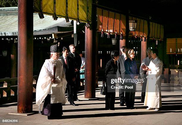 Secretary of State Hillary Clinton takes a tour of the Meiji Shrine on February 17, 2009 in Tokyo, Japan. Clinton is on her first diplomatic tour to...