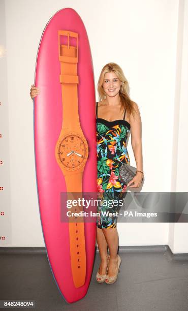 Francesca Hull arrives at the Swatch Chrono Plastic launch party at the Future Gallery in London.