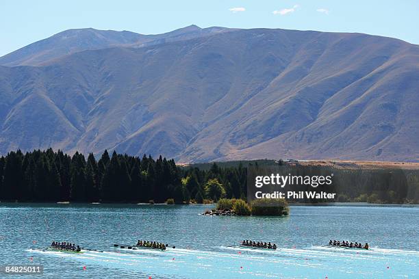 Crews in the Womens Novice Eight make their way down the course during day one of the New Zealand National Club Rowing Championships at Lake...