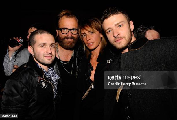 Designer Trace Ayala, designer Johan Lindeberg, Marcella Lindeberg and singer Justin Timberlake attend the after party for the William Rast Fall 2009...