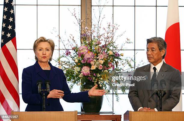 Secretary of State Hillary Clinton and Minister for Japan's Foreign Affairs Hirofumi Nakasone speak at a news conference at the Iikura Guest House on...