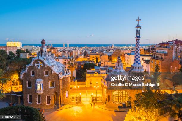 parc guell at dusk, barcelona. - townscape stock pictures, royalty-free photos & images