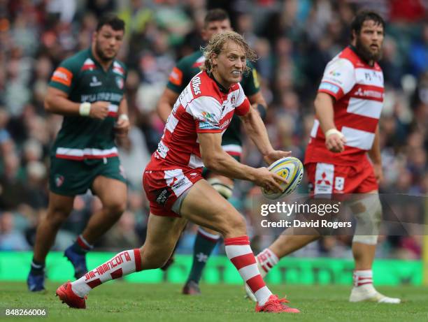 Billy Twelvetrees of Gloucester passes the ball during the Aviva Premiership match between Leicester Tigers and Gloucester Rugby at Welford Road on...