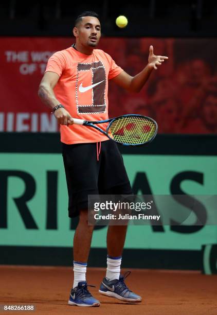 Nick Kyrgios of Australia in a practice session during day three of the Davis Cup World Group semi final match between Belgium and Australia at...