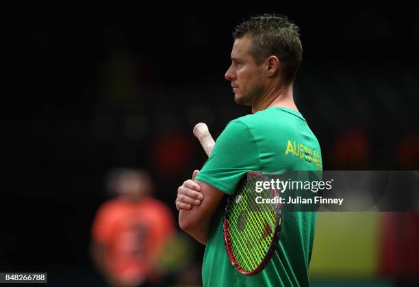 Nick Kyrgios of Australia in a prctice session as Captain Lleyton Hewitt watches on during day three of the Davis Cup World Group semi final match...