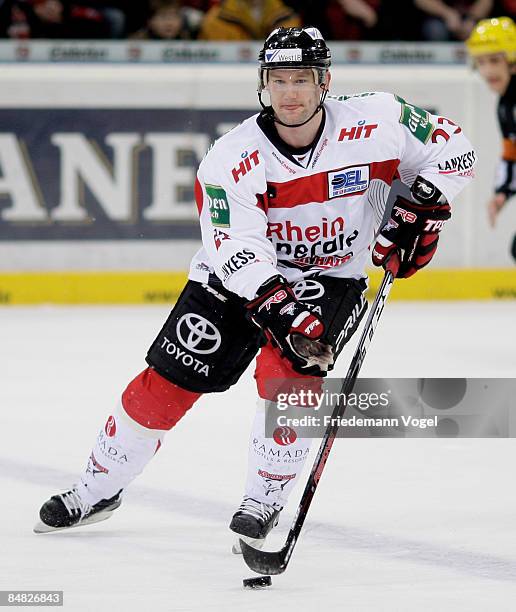 Matts Trygg of Koelner Haie during the DEL Bundesliga game between Hannover Scorpions and Koelner Haie at the TUI Arena on February 15, 2009 in...