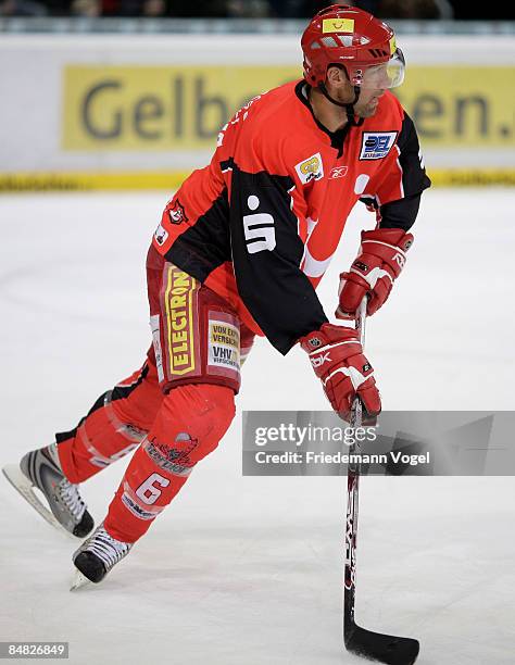 Aris Brimanis of Hannover during the DEL Bundesliga game between Hannover Scorpions and Koelner Haie at the TUI Arena on February 15, 2009 in...