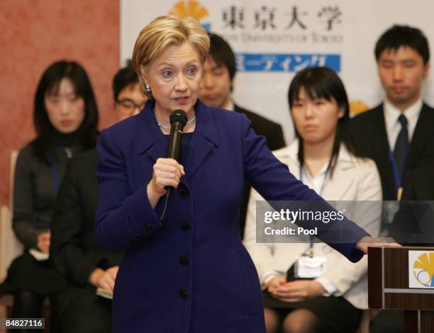 State Secretary Hillary Clinton speaks to students on February 17, 2009 in Tokyo, Japan. Clinton is on her first diplomatic tour to Asia, visiting...