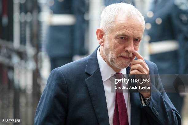 Labour leader Jeremy Corbyn attends a service to mark the 77th anniversary of the Battle of Britain at Westminster Abbey on September 17, 2017 in...