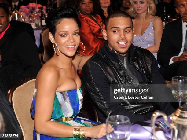 Singers Rihanna and Chris Brown attend the 2009 GRAMMY Salute To Industry Icons honoring Clive Davis at the Beverly Hilton Hotel on February 7, 2009...