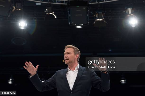 Lead candidate of Free Democratic Party Christian Lindner speaks during a federal congress one week before elections, on September 17, 2017 in...