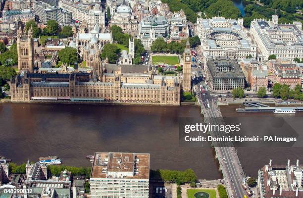 Aerial view of Westminster, London, showing the River Thames, the Houses of Parliament, Portcullis House, HM Treasury, and Westminster Abbey. PRESS...