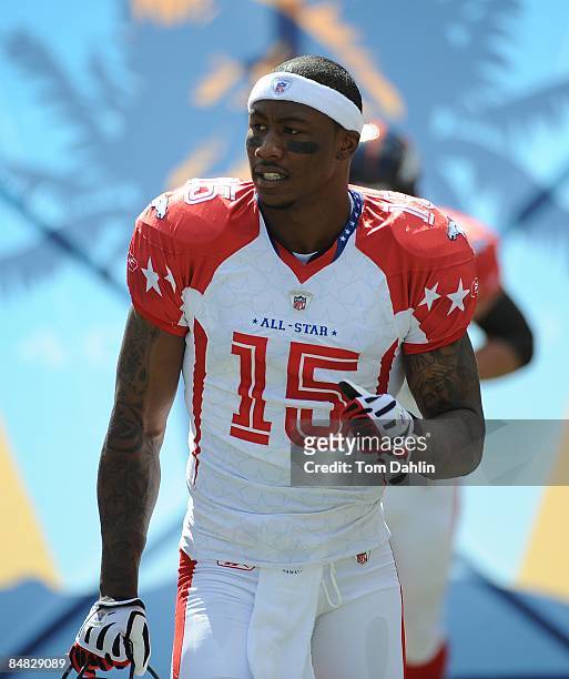 Brandon Marshall of the Denver Broncoes runs onto the field during AFC pre-game introductions before the NFL Pro Bowl in Aloha Stadium on February 8,...