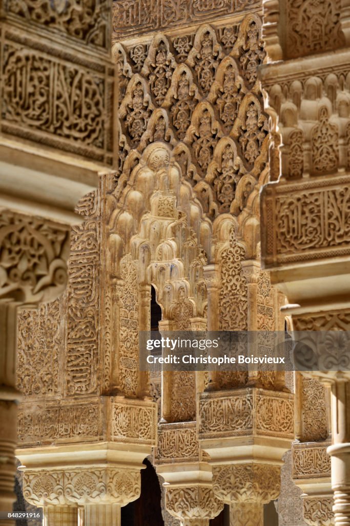 Spain, Andalusia, Granada, World Heritage Site, The Alhambra, Court of the Lions, Marble columns