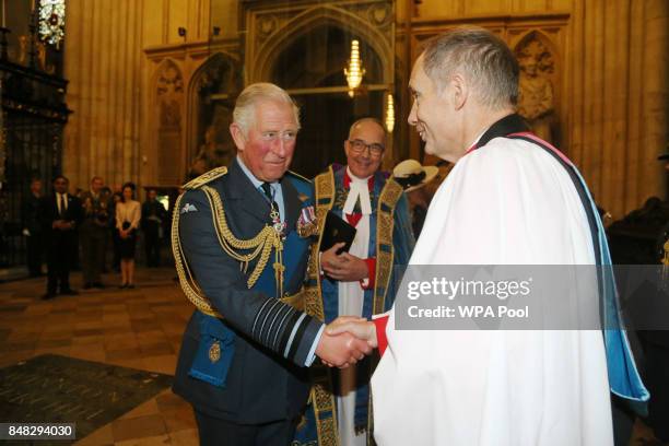 Prince Charles, Prince of Wales attends a service to mark the 77th anniversary of the Battle of Britain at Westminster Abbey on September 17, 2017 in...