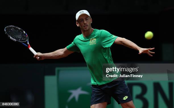 John Millman of Australia in a practice session during day three of the Davis Cup World Group semi final match between Belgium and Australia at...