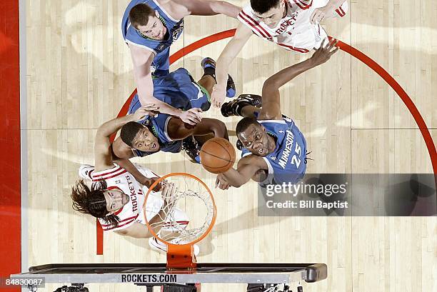 Al Jefferson of the Minnesota Timberwolves rebounds the ball during the game against the Houston Rockets on February 7, 2009 at the Toyota Center in...