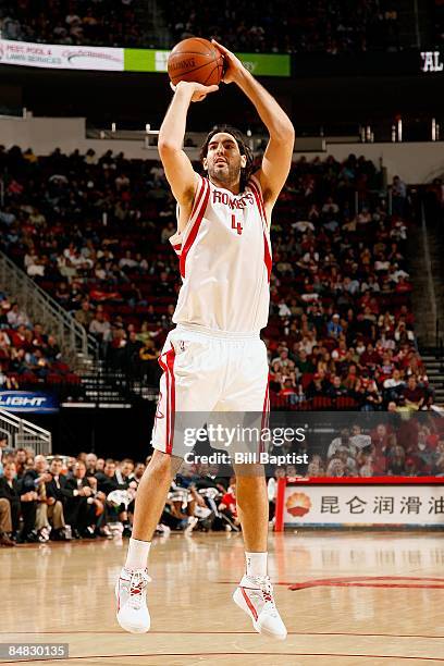Luis Scola of the Houston Rockets shoots a jumper during the game against the Minnesota Timberwolves on February 7, 2009 at the Toyota Center in...