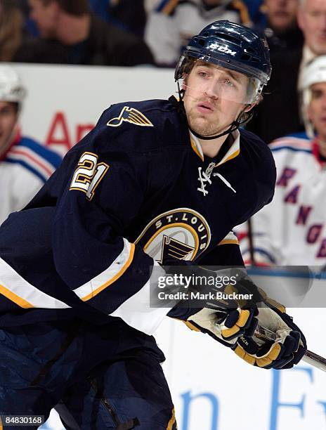 Patrik Berglund of the St. Louis Blues skates against the New York Rangers on February 16, 2009 at Scottrade Center in St. Louis, Missouri.