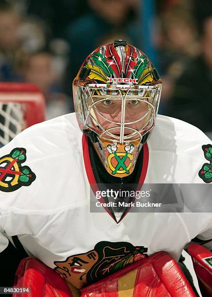 Cristobal Huet of the Chicago Blackhawks defends against the St. Louis Blues on February 13, 2009 at Scottrade Center in St. Louis, Missouri.