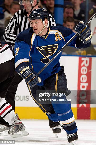 Keith Tkachuk of the St. Louis Blues skates against the Chicago Blackhawks on February 13, 2009 at Scottrade Center in St. Louis, Missouri.