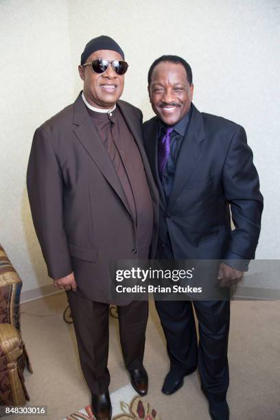 Stevie Wonder and Donnie Simpson attend Dick Gregory Celebration Of Life at City of Praise Family Ministries on September 16, 2017 in Landover,...