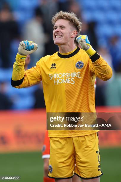 Dean Henderson of Shrewsbury Town celebrates with the fans at full time during the Sky Bet League One match between Oldham Athletic and Shrewsbury...