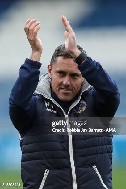 Paul Hurst, Manager / Head Coach of Shrewsbury Town applauds the fans at full time during the Sky Bet League One match between Oldham Athletic and...