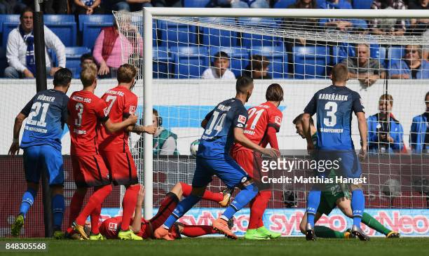 Sandro Wagner of Hoffenheim scores his team's first goal past during the Bundesliga match between TSG 1899 Hoffenheim and Hertha BSC at Wirsol...