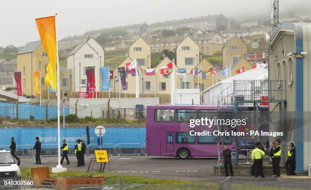 Police officers in their compound beside the Athlete's Village at the Weymouth and Portland Sailing Academy, Weymouth.