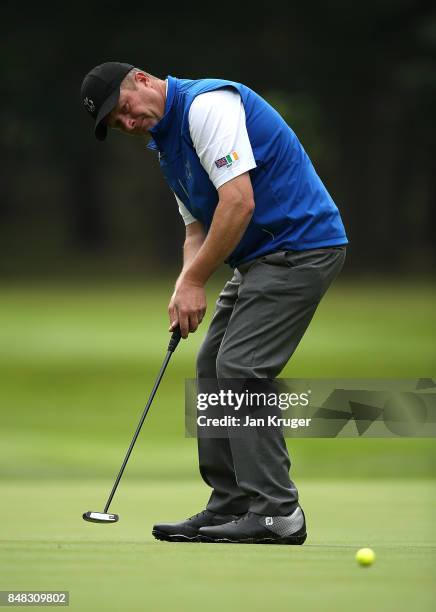 Greig Hutcheon of the Great Britain and Ireland PGA Cup team in action during the singles matches on the final day of the 28th PGA Cup at Foxhills...