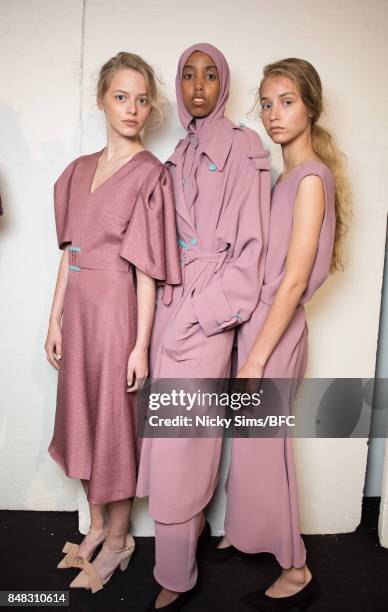 Models pose backstage ahead of the Edeline Lee presentation during London Fashion Week September 2017 on September 17, 2017 in London, England.