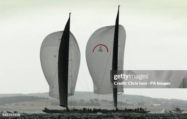 Lionheart and Rainbow compete downwind on the second day of the J-Class Solent Regatta off Yarmouth, Isle of Wight.