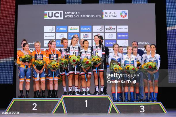 90th Road World Championships 2017 / TTT Women Elite Podium / Chantal BLAAK / Karol-Ann CANUEL / Elizabeth DEIGNAN / Amalie DIDERIKSEN / Megan...