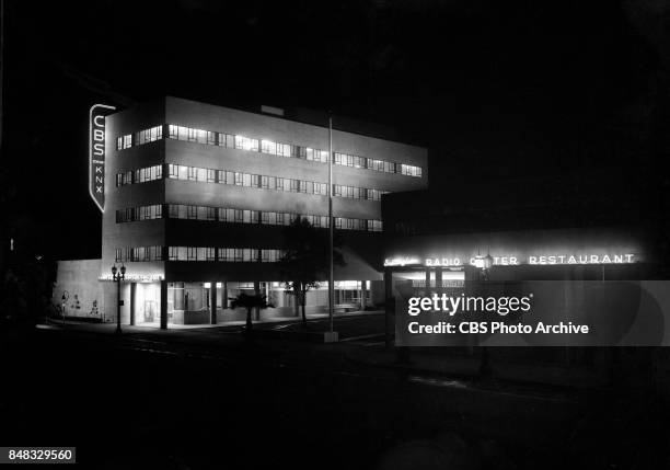 The CBS Columbia Square KNX Radio Studios, an art deco style building on Sunset Boulevard, Hollywood, California. Image dated April 1, 1938.