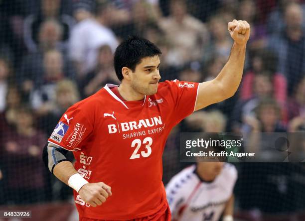 Nenad Vuckovic of Melsungen reacts during the Bundesliga match between SG Flensburg-Handewitt and MT Melsungen at the Campushalle on February 17,...