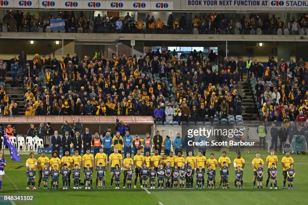 General view as the Wallabies stand for the national anthem during The Rugby Championship match between the Australian Wallabies and the Argentina...