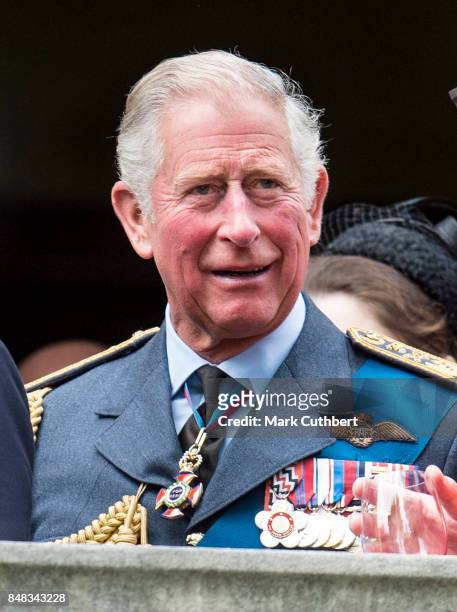 Prince Charles, Prince of Wales watches a flypast after a Service to mark the 77th anniversary of The Battle Of Britain at Westminster Abbey on...